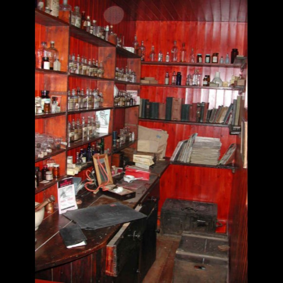 Glass bottles on shelves
