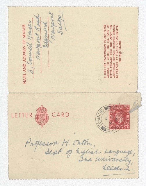 A letter card that has been written on.