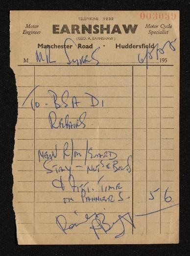 Garage receipt filled out in blue pen.