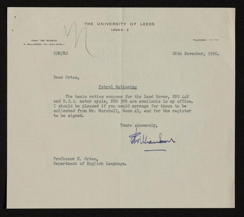 Type-written letter, Bursar to Harold Orton, signed and dated 26th November 1956