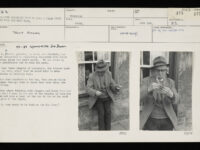 Photocard with two black and white images of a man prepping a net for fishing.