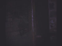 Wooden pole in dark barn.